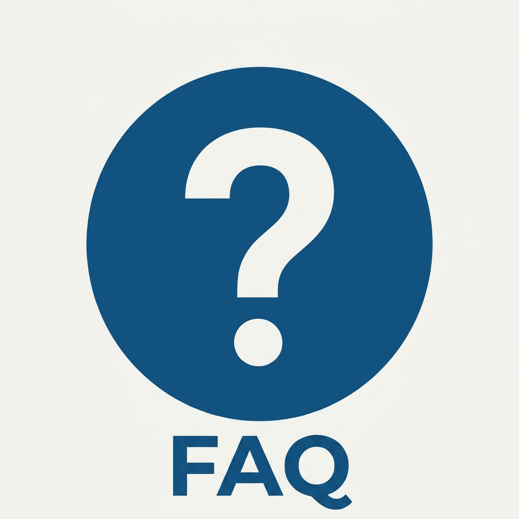 Blue circle with white question mark and text FAQ below